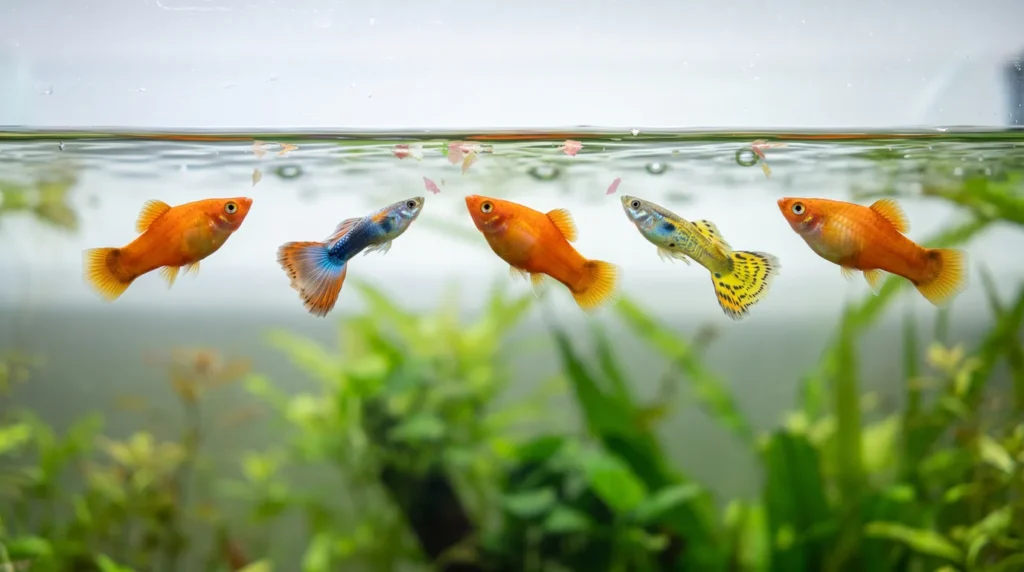 Três platys laranja e dois guppies enfileirados logo abaixo da superfície de um aquário de água doce, com flocos finos de ração boiando
