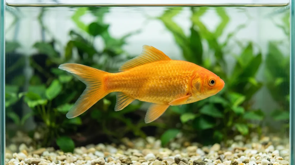 Kinguio laranja saudável nadando equilibrado em aquário retangular de água doce com plantas ao fundo