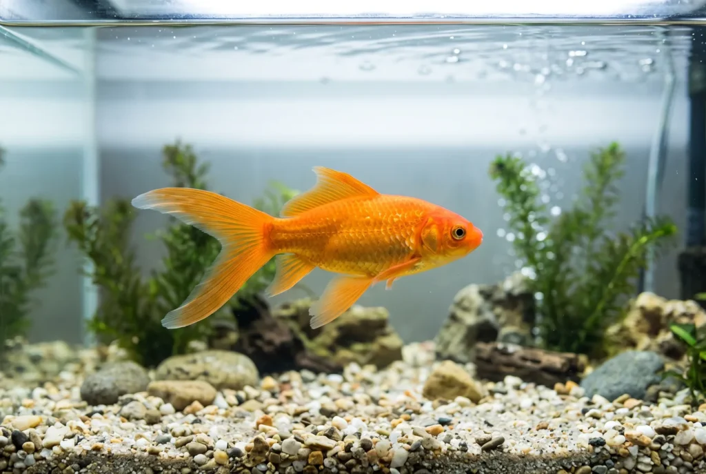 Kinguio laranja de corpo alongado nadando em aquário espaçoso de água doce com fundo desfocado