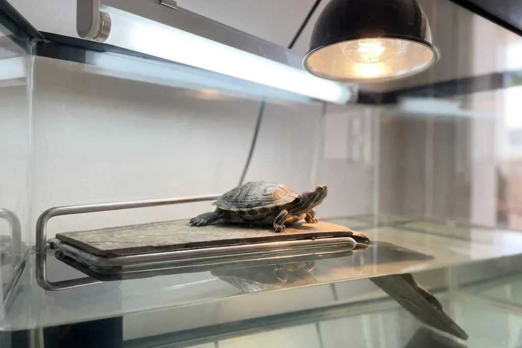 Lâmpada UVB tubular e lâmpada de calor instaladas acima da plataforma seca de um tanque de tartaruga, sem tampa de vidro entre as lâmpadas e o animal