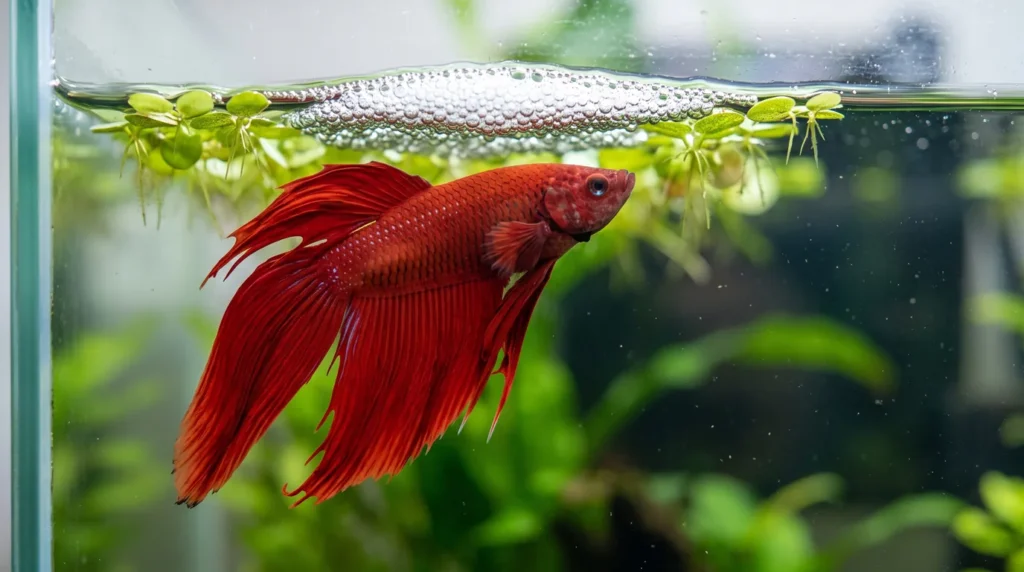 Betta macho vermelho parado logo abaixo de um ninho de bolhas na superfície do aquário, entre plantas flutuantes