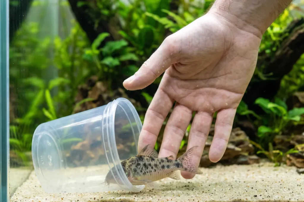 Mão aberta conduzindo devagar uma coridora de corpo bege com pintas escuras para dentro de um pote de plástico transparente deitado na areia clara de um aquário de água doce