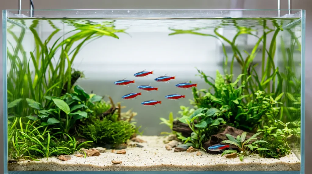 Cardume de tetras-neon nadando no meio do aquário enquanto um peixe da mesma espécie fica sozinho no fundo, perto das plantas
