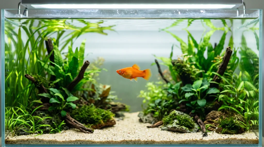 Aquário plantado de água doce em plano aberto, com um único platy laranja pequeno nadando equilibrado, de nadadeiras abertas, no meio do quadro