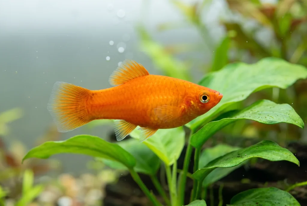 Platy laranja de perfil nadando perto de folhas verdes em aquário de água doce claro