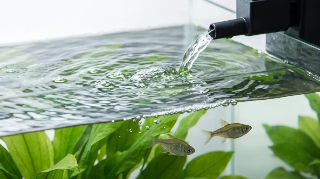 Superfície da água de um aquário de água doce agitada pela saída do filtro, com plantas e pequenos peixes logo abaixo