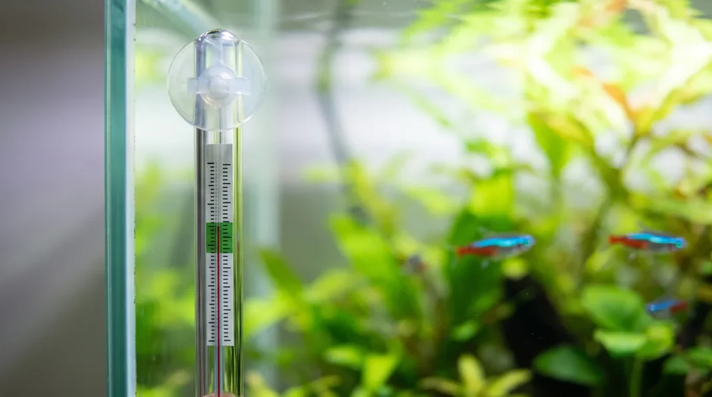 Termômetro de vidro preso por ventosa no vidro de um aquário de água doce plantado, com tetras-neon desfocados ao fundo