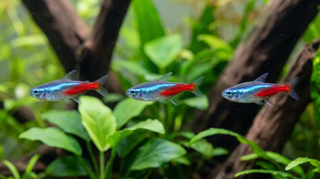 Tetras-neon, um dos tipos de peixe de aquário mais populares, nadando entre plantas