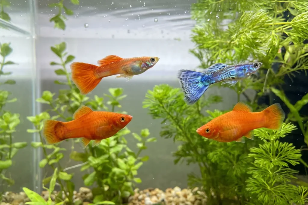 Grupo de guppies e platys coloridos nadando entre plantas verdes num aquário de água doce claro e bem iluminado